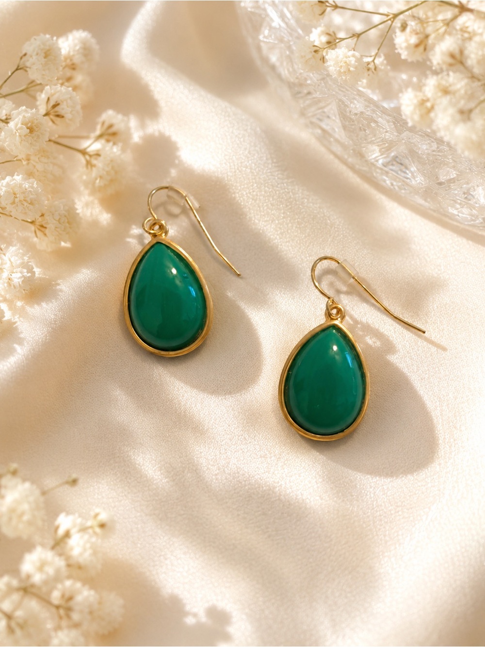 Gold-Trim Green Teardrop Dangle Earrings - Women Jewelry